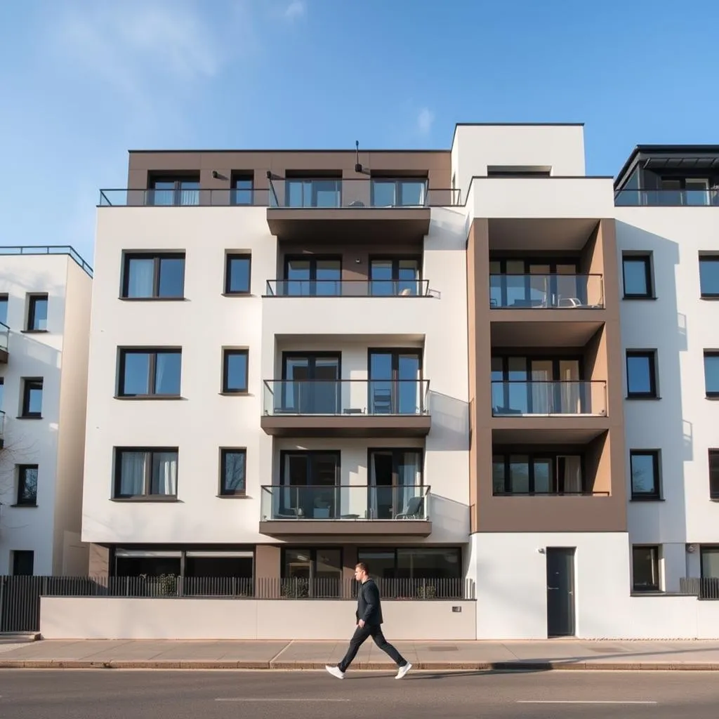 Modernes Mehrfamilienhaus in einer Wohnstraße.