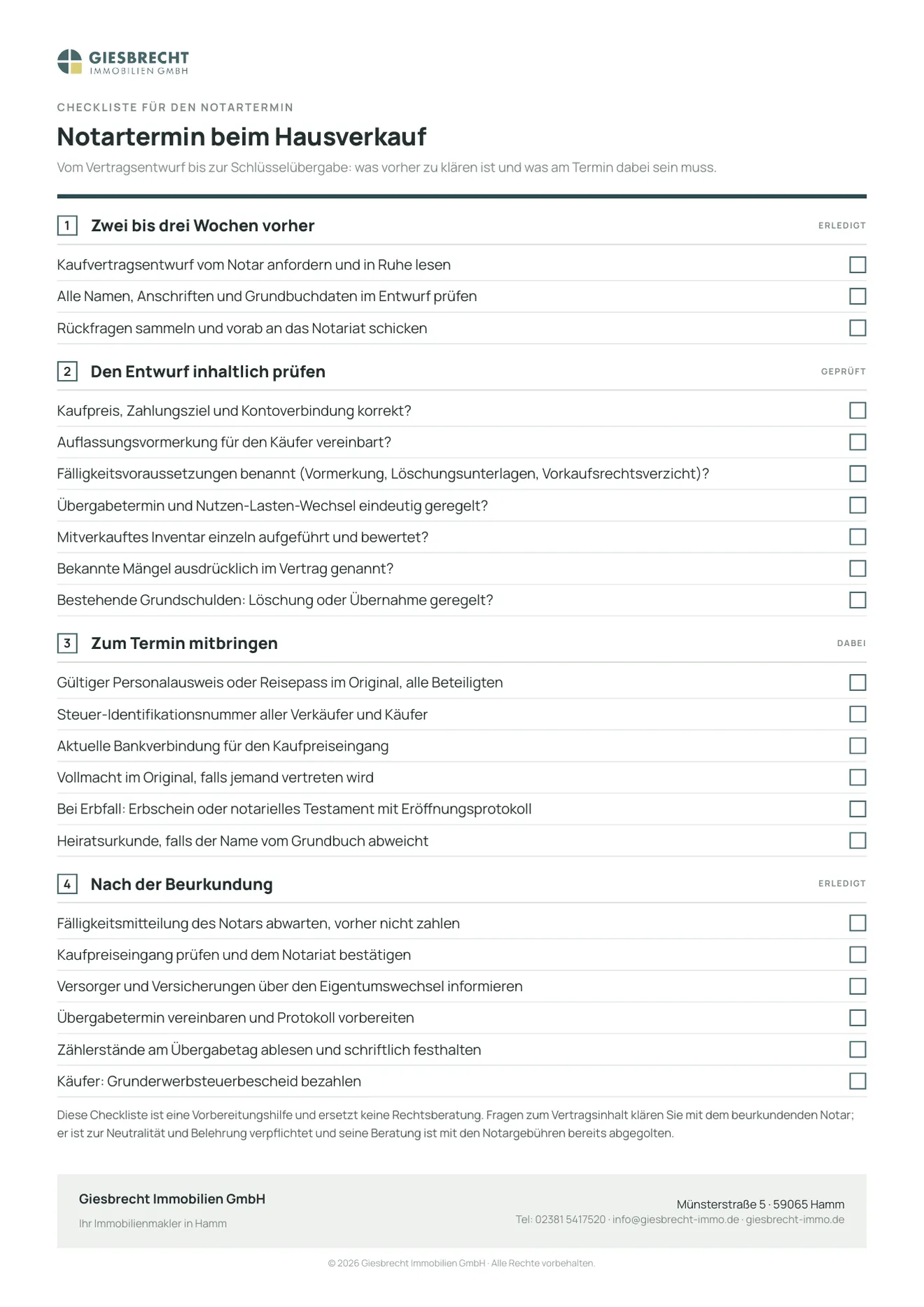 Checkliste für den Notartermin beim Hausverkauf zum Abhaken: Kaufvertragsentwurf anfordern, Finanzierungsbestätigung, Unterlagen und Ausweise, Termin und Schlüsselübergabe.