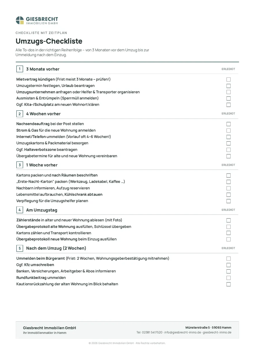 Umzugs-Checkliste mit Zeitplan zum Abhaken: Mietvertrag kündigen, Umzugstermin festlegen, Verträge ummelden, Nachsendeauftrag und Ummeldung beim Bürgeramt nach dem Einzug.