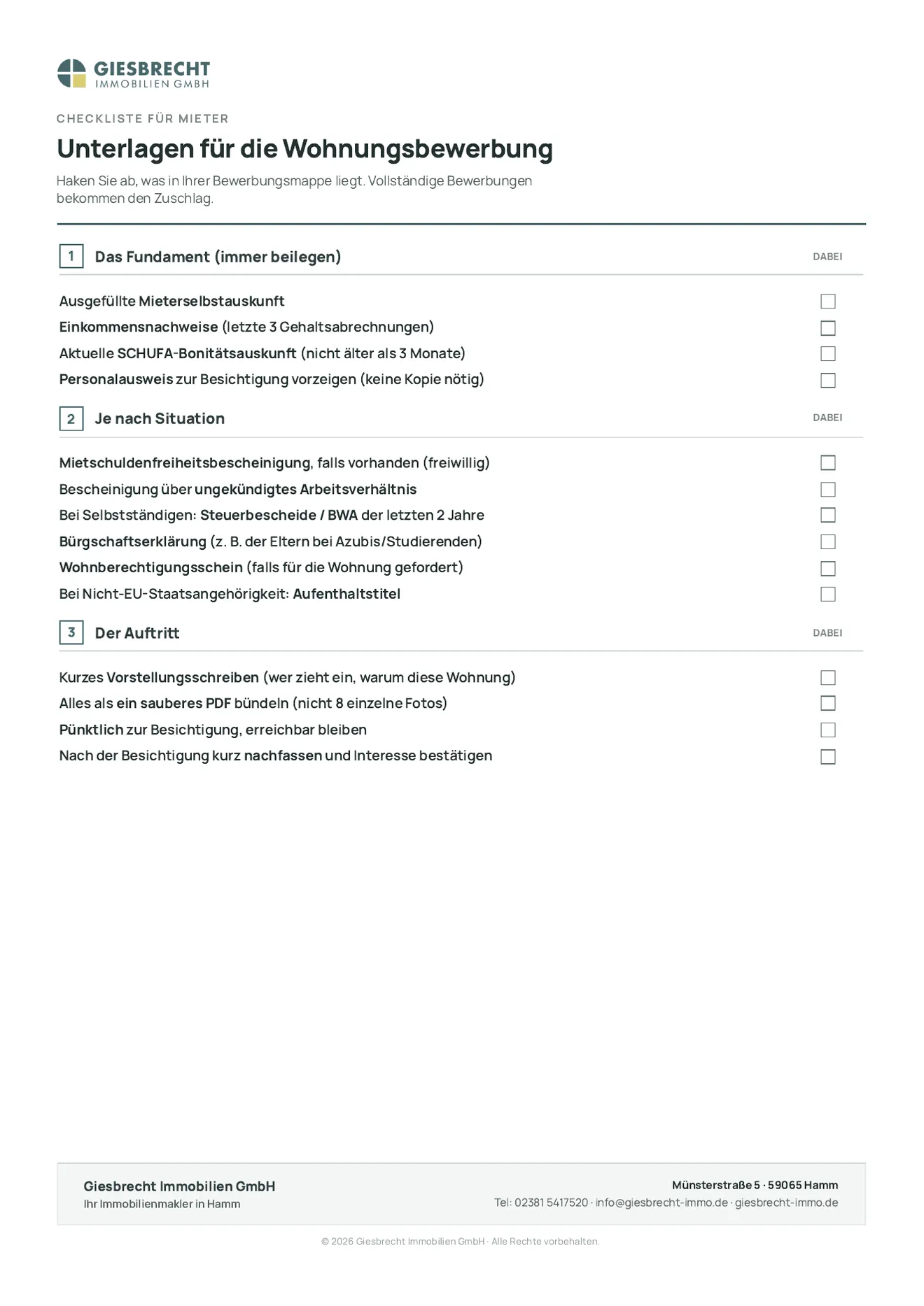 Checkliste Unterlagen für die Wohnungsbewerbung zum Abhaken: Mieterselbstauskunft, Einkommensnachweise, SCHUFA-Auskunft, Personalausweis und Unterlagen je nach Situation.