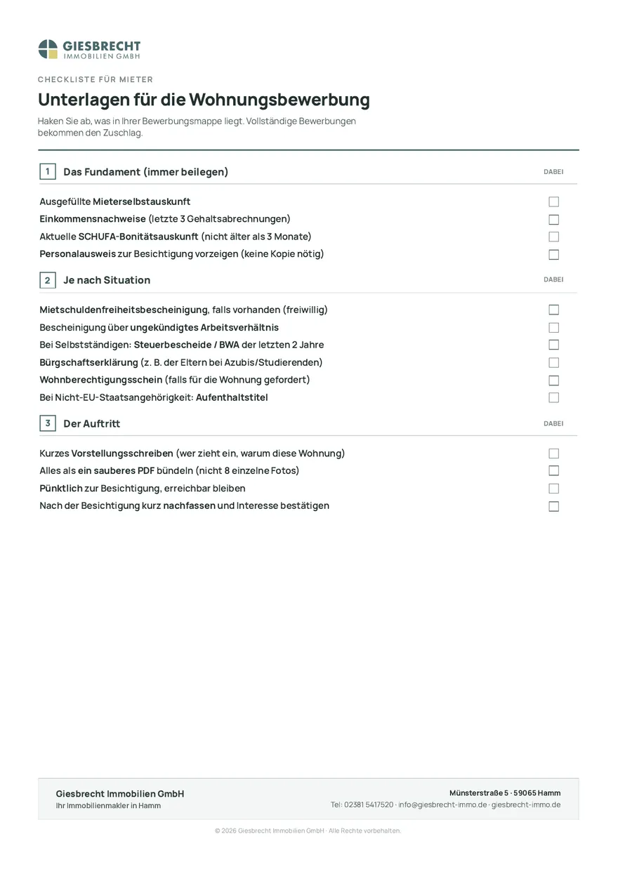 Checkliste Unterlagen für die Wohnungsbewerbung zum Abhaken: Mieterselbstauskunft, Einkommensnachweise, SCHUFA-Auskunft, Personalausweis und Unterlagen je nach Situation.