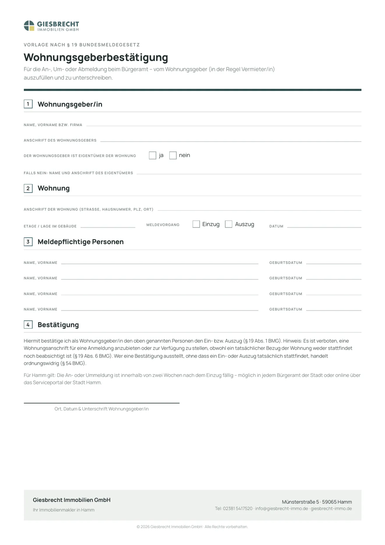 Wohnungsgeberbestätigung nach § 19 Bundesmeldegesetz zum Ausfüllen: Formular mit Angaben zum Wohnungsgeber, zur Wohnung, zum Einzugs- oder Auszugsdatum und zu den einziehenden Personen.
